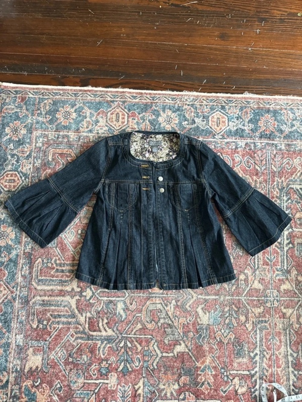 Motto Babydoll Dark Blue Denim Bell-Sleeve Jacket with Floral Lining Size XS
